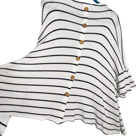 Altar’d State White & Navy Blue Striped Ruffle Sleeve Button Back Cardigan - Picture 9 of 9